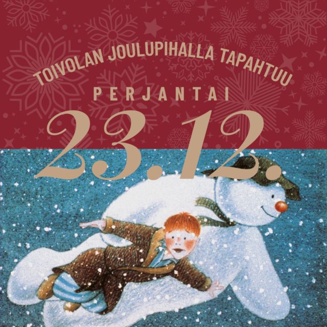 Yleisön toiveesta tänään esitetään vielä kerran Lumiukko -animaatio klo 16.00 – tervetuloa seuraaman lumiukon ja pojan legendaarista seikkailua. Joulupiha on myös tänään viimeistä kertaa avoinna tänä vuonna, sitten rauhoitumme joulun viettoon. Joulupukki saapuu tänään Joulupihalle ja kiiruhtaa sitten jakamaan jouluiloa sekä lahjoja. Tervetuloa nauttimaan kauniista ja tunnelmallisesta pihapiiristä sekä löytämään aito ja lämmin joulutunnelma! 

Tänään pe 23.12. Toivolan Joulupihalla tapahtuu seuraavaa:
Ohjelma: 
- Lumiukko -animaation ulkoilmanäytös klo 16.00-16.27
- Ylen Joulukalenteri: Tonttuakatemia ulkoilmanäytöksenä klo 16.45
- Joulupukki on paikalla 16.00 - 18.00 

Aukioloajat
Valkoinen Puu, klo 11.00-17.00
Käsityöläismuseo, klo 11.00-16.00
Toivolan Joulupuoti, klo 10.00-18.00
Design Pylsyn pop up -myymälä, klo 10.00-18.00
Toivolan Joulukioski, klo 10.00-18.00
Lankakauppa Titityy, klo 10.00-16.00
Madame Rustique sisustus- ja lifestylepuoti, klo 10.00-16.00
Viherpalvelu Annukan joulukuusien myyntipiste, klo 12.00-18.00

#toivolanvanhapiha #toivolanjoulu #joulu #joulupiha @lankakauppatitityy  @madamerustique  @toivolanpaja  @designpylsy @valkoinenpuu @artfoodheaven @keskisuomenmuseo @annukanviherpalvelu @joulupukkinen