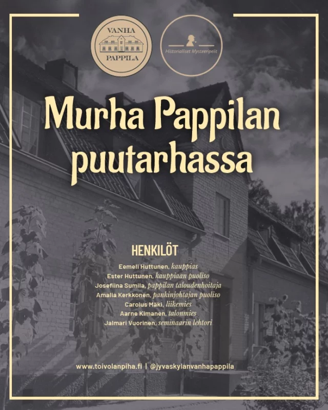 🔪 Murhamysteeri-illalliselle vapautunut paikkoja! 🔪

Torstaina 14.11.2024 klo 18.00-21.00 on ainutlaatuinen tilaisuus päästä selvittämään karmivaa arvoitusta herkullisen illallisen lomassa. Peruuntumisten myötä uusia paikkoja on nyt vapaana – toimi nopeasti ja varaa paikkasi!

🌸 Murha Pappilan puutarhassa 🌸 @jyvaskylanvanhapappila 
Tehtävänne on selvittää, kuka murhasi kauppias Eemeli Huttusen, samalla kun nautitte herkullisen kolmen ruokalajin illallisen.

Tämä ainutlaatuinen ilta tarjoaa jännitystä ja makuelämyksiä – varmista paikkasi pian!

📍 Missä? Pappilan Murhamysteeri-illallinen
⏰ Milloin? To 14.11. klo 18.00-21.00

Tervetuloa mukaan ratkaisemaan mysteeriä! 🔍🍽️
https://toivolanpiha.fi/tapahtumat/murhamysteeri-illalliset-murha-pappilan-puutarhassa/

#Murhamysteeri #Illallinen #Pappila #MysteryDinner #vanhapappila