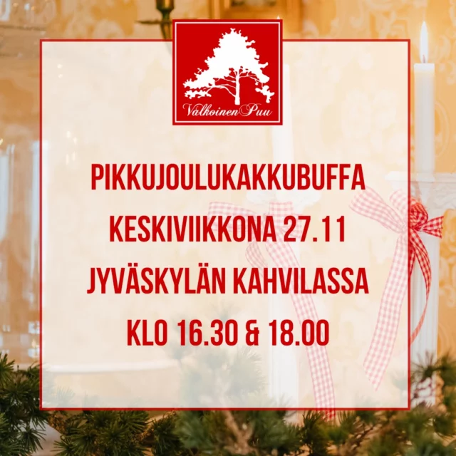 Tule ystävien, perheen tai työporukan kanssa pikkujouluilemaan Valkoisen Puun kakkubuffaan! @valkoinenpuu 

Pikkujoulukakkubuffa pitää sisällään klassikoita gluteenittomina sekä ihania jouluisiaPikkujoulukakkubuffa pitää sisällään klassikoita gluteenittomina sekä ihania jouluisia#cakebuffet makuja ❤️

Ja hei, buffan kakut ovat gluteenittomia tälläkin kertaa 😍

MENU:
	•	Salaisen puutarhan suklaakakku VL, G
	•	Lapin äidin puolukkakaunelma L, G
	•	Suolakinuski-päärynäkakku L, G
	•	Cinnamon Roll Cheesecake L, G
	•	Lingonperry pie G
	•	Kirsikka-Brita L, G
	•	Tyrni-Brita L, G
	•	Joulubrookie VL, G
	•	Amerikkalainen glögijuoma Wassail
	•	Luomukahvi/tee

18,90€, 4-12v lapset puoleen hintaan!
Lunasta paikkasi kakkubuffasta verkkokaupastamme!
#valkoinenpuu #helliarkeasi #cakebuffet